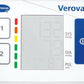Het witte display van de bloeddrukmeter van het merk Veroval. Links twee grote cijfers (1 en 2), daarnaast het stoplichtsysteem, daarnaast het display, daarnaast de betekenis van de cijfers. Helemaal rechts een grote aan-/uitknop.